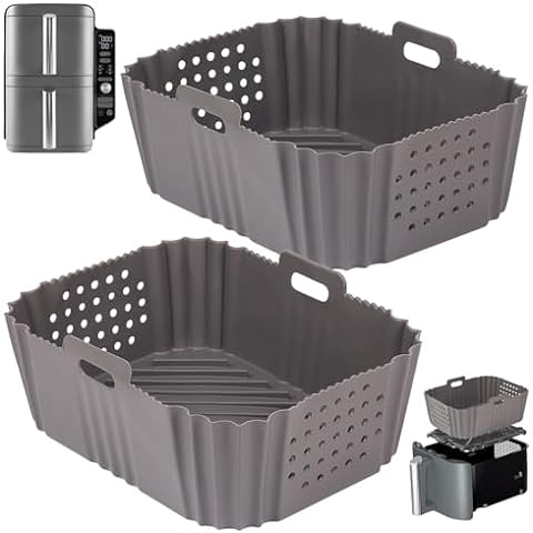 BYKITCHEN Silicone Air Fryer Liners for Ninja SL401 Double Stack 2 Basket Air Fryer, Reusable Rectangle Perforated Silicone Liners for Dual Air Fryer, Ninja DoubleStack XL Air Fryer Accessories