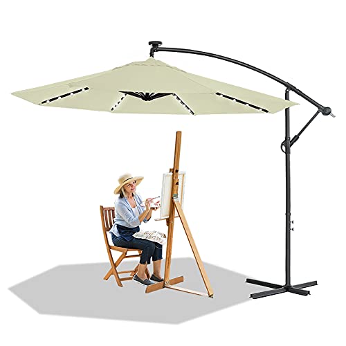 HENGMEI Ø 300cm Sombrilla Parasol Mástil de Aluminio y 100% Poliester Tela protección UV 40 + y Impermeable con Solar LED Sombrilla de Jardin, Terraza, Color Beige