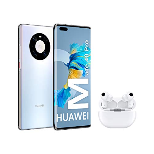 Huawei Mate 40 Pro Silver + FreeBuds Pro White - Smartphone con Pantalla Curva de 6.76", 8 GB + 256 GB, 5nm Kirin 9000 5G SoC, Cámara Leica Ultra Vision de 50 MP, HUAWEI Supercharge, Plata