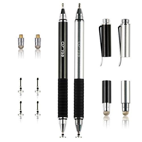 ELZO 2PCS Bolígrafos Digitales 3-en-1 Stylus Pen con Bolígrafo y 4 Discos Reemplazables Consejos de 2 Consejos de Fibra de Reemplazo para Surface Pro/Tablet/iPad Pro/Kindle Fire (Negro & Plata)