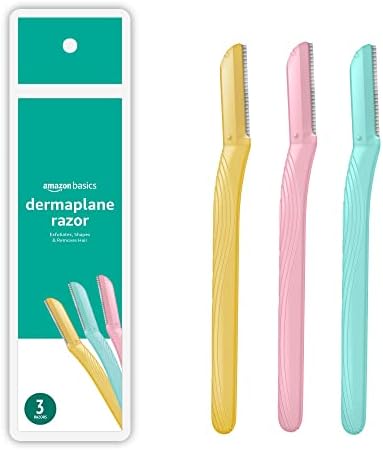 Amazon Basics Women's Multipurpose Exfoliating Dermaplaning Tool, Eyebrow Razor, and Facial Razor, Includes Blade Cover, Multicolor, 3 Count