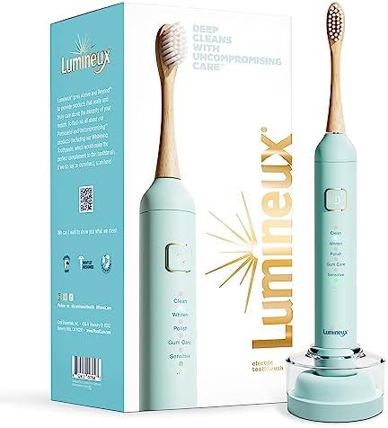 Lumineux Sonic Electric Toothbrush for Adults - Bamboo Heads - Crystalline (Light Blue) - Includes 2 Super Soft Bristle Bamboo Tooth Brush Heads, Charging Station & USB Charge Cord - Rechargeable