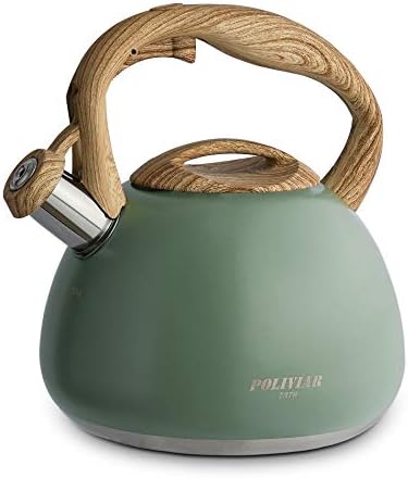 Poliviar Tea Kettle, 2.7 Quart Seaweed Green Finish with Wood Pattern Handle Loud Whistle Food Grade Stainless Steel Teapot, Anti-Hot Handle and Anti-Rust, Suitable for All Heat Sources (JX2020-SB30)