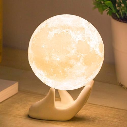 Mydethun 3D Moon Lamp with Ceramic Base, Mothers Day Gift, LED Night Light, Mood Lighting with Touch Control Brightness for Women,Home Décor, Bedroom, Kids Birthday, 3.5 Inch - White & Yellow