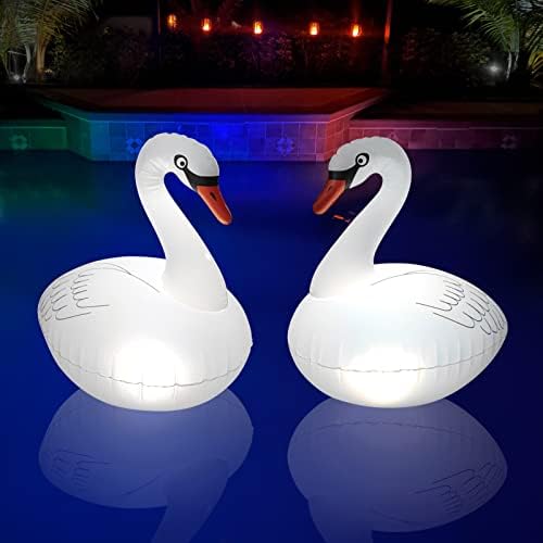 Goallim Floating Pool Lights Solar Rechargeable 2PCS, Waterproof Inflatable Swan Pool Lights, Glow in The Dark Color Changing LED for Backyard Spa Patio Wedding Party Decor