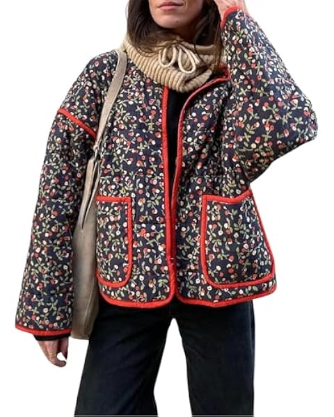 Omoone Women's Cropped Quilted Jacket Floral Printed LightWeight Padded Puffer Cardigan Coat Outwear(3950-09Cherry-XS)