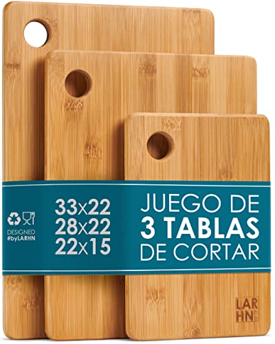 Tablas De Cortar Cocina en Madera Premium Extra-Gruesas - Juego de 3 Piezas en Madera de Bambú Para Picar - 33x22cm / 28x22cm / 22x15cm - Ideal Para Carnes, Verduras, Queso y Pan