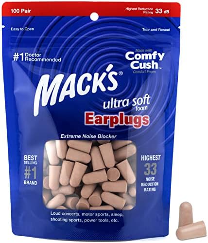 Mack's Ultra Soft Foam Earplugs, 100 Pair Bag - 33dB Highest NRR, Comfortable Ear Plugs for Sleeping, Snoring, Travel, Concerts, Studying and Loud Noise | Made in USA