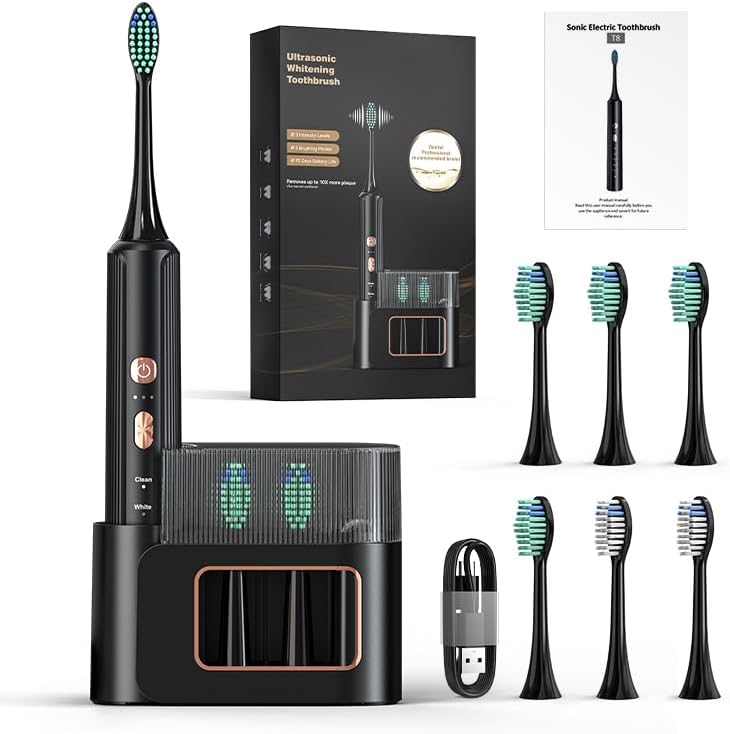 Zocaed Electric Toothbrush for Adults, Rechargeable Electric Toothbrush with 6 Replacement Brush Heads, 5 Modes (Black)