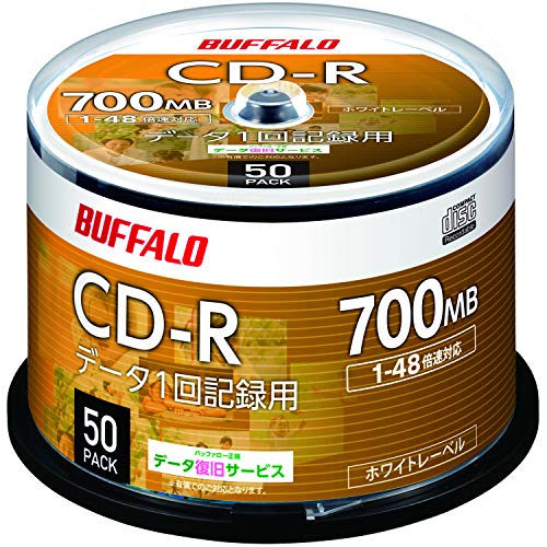 【Amazon.co.jp限定】 バッファロー データ用 CD-R 1回記録用 700MB 50枚 スピンドル 1-48倍速 ホワイトレーベル RO-CR07D-050PW/N