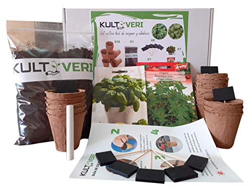 KULTIVERI Set de Cultivo con Macetas de Germinación Biodegradables. CREA tu Propio Huerto en Casa. (Albahaca y Orégano)