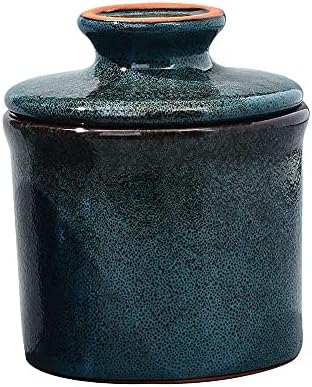 Teapeak Pottery Butter Keeper Crock - Ceramic Butter Dish with Water Line for Countertop, Keep Butter Fresh, Blue