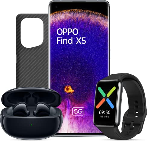 OPPO Find X5 5G + Pack de Regalo (Enco X + Watch Free + Funda Carbono) - Smartphone 256GB, 8GB RAM, Pantalla 6,5”, Cámara 50MP+50MP+13MP, Vídeo 4K, Vídeo 4k, Carga Rápida 80W – Negro