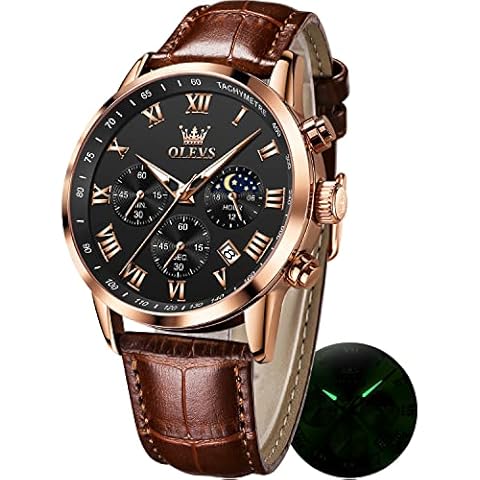 OLEVS Men Dress Watch Brown Leather Analog Quartz Moon Phase Mens Watches Luminous Waterproof Male Wrist Watches Rose Gold Black