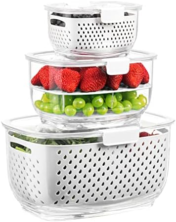 LUXEAR Fresh Produce Vegetable Fruit Storage Containers 3Piece Set, BPA-free, Partitioned Salad Container, Fridge Organizers, Used in Storing Fruits Vegetables, White