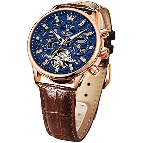 OLEVS Men Skeleton Watch Automatic Mechanical Dress Casual Brown Leather Moon Phase Luminous Waterproof Wrist Watches