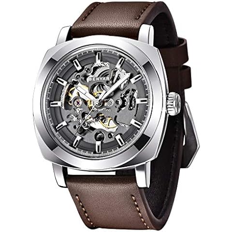 Benyar Automatic Watches for Men | Skeleton Mechanical Leather Strap Mens Watch | 45mm Dial | 30M Waterproof | Men's Stylish Gift