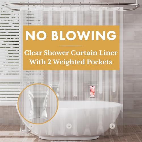 AmazerBath Shower Curtain Liner with 2 Weights Pockets, 72x72 Innovative No Blowing Clear Plastic Shower Liner with 2 DIY Weighted EVA Pockets & 3 Magnets, Waterproof Shower Curtain for Bathroom Stall