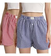 Yimoon 2 Pack Y2K Plaid Shorts for Women Gingham Pajama Boxer Shorts Elastic Waist Checkered Loun...