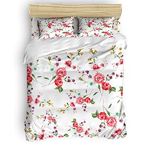 LUOWAN 4 Cremallera Juego de Ropa de Cama Moderna para Niños Adultos Comforter Single 135 x 200 CM Margarita Rosa Acuarela Primavera Ropa de Cama Qulit Cubiertas Tamaño Reina Rey