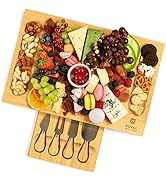 Unique Bamboo Cheese Board, Charcuterie Platter & Serving Tray Including 4 Stainless Steel Knife ...