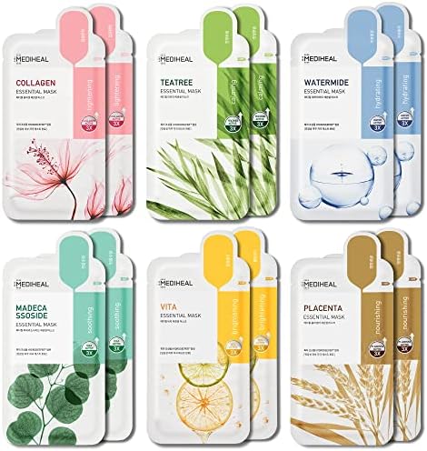 Mediheal Sheet Mask New Essential HERO 12 pack (Collagen, Tea Tree, Placenta, Madecassoside, Vita, Watermide)| Korean Skincare Facial Sheet Mask Combo, Moisturizing, Soothing and for Blemishes