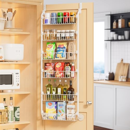 Delamu Over the Door Pantry Organizer, Metal Pantry Organizers and Storage, 6-Tier Over the Door Organizer, Pantry Door Organizer for Easy Install, D5 x W18 x H50 inch, White