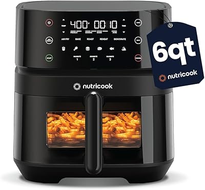 Nutricook Air Fryer 3 Vision, 6qt Large Airfryer, 12 Preset Functions, Air Fry, Roast, Bake, Dehydrate, Reheat and More, Quiet, Non-Stick, Easy to Clean, Black