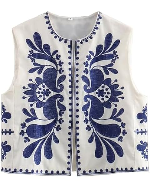 Gihuo Women's Vintage Floral Embroidered Vest Cropped Open Front Boho Vests Sleeveless Y2k Cardigan Tops(Blue-M)