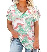 ROSELINLIN Womens Plus Size Petal Sleeve Tunic Top Short Sleeve T Shirts V Neck Floral Summer Top