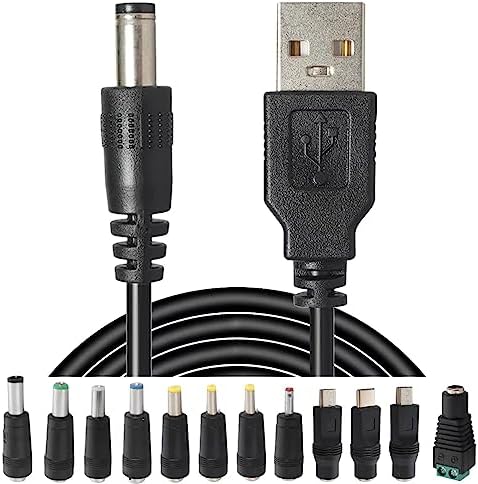 USB to DC Power Charging Cable with 12pcs DC Barrel Jack Universal Laptop Power Adapter Tips USB 2.0 to DC 5.5x2.1mm Plug Micro USB Type-C Connector Compatible Laptop Camera & More