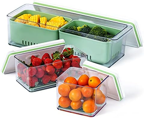 Lille Home Stackable Produce Saver, Organizer Bins/Storage Containers with Removable Drain Tray, Set of 3, for Refrigerators, Cabinets, Countertops and Pantry, BPA Free (Green,Set of 3)