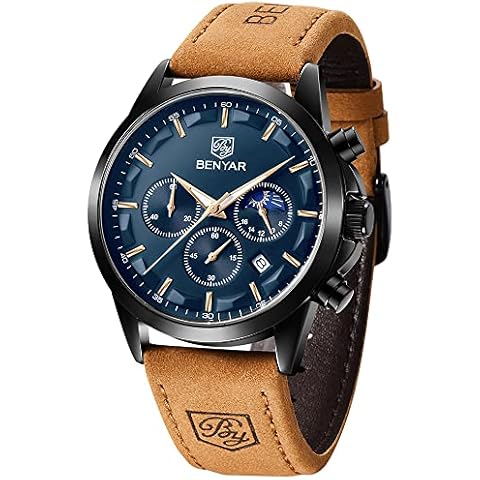 BY BENYAR Watches for Men Chronograph Waterproof Men's Wrist Watches Business Work Casual Sport Fashion Brown Leather Mens Dress Watch Unique Elegant Gifts for Men