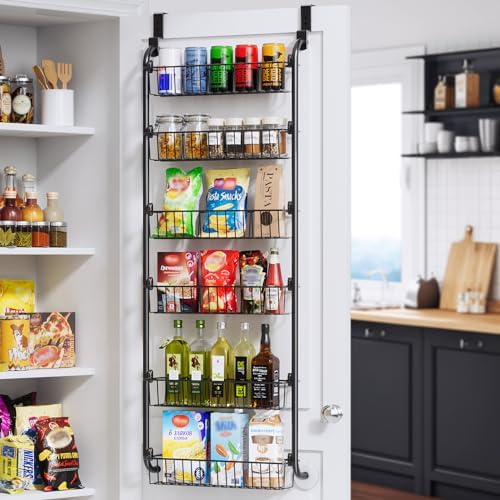 Delamu Over the Door Pantry Organizer, Metal Pantry Organizers and Storage, 6-Tier Over the Door Organizer, Pantry Door Organizer for Easy Install, D5 x W18 x H50 inch, Black