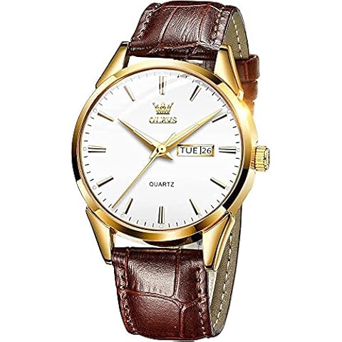 QBAIZI Men's Watches Leather Strap Gold Dress Watches for Men White Face Date Day Casual Fashion Mens Wrist Watch Brown Band Easy Read Simple Watch Men Waterproof,Relojes De Hombres