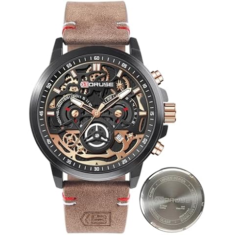 BORUSE Brown Watches for Men Leather Chronograph Skeleton Quartz Watch Business Dress Analog Luminous Calendar Waterproof Wristwatch for Mens