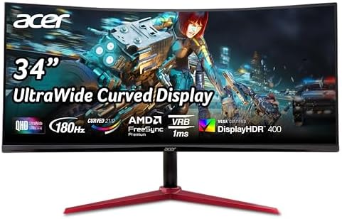 Acer Nitro 34" UWQHD 3440 x 1440 1500R Curved PC Gaming Monitor | AMD FreeSync Premium | Up to 180Hz Refresh | 1ms (VRB) | 400nit | DisplayHDR 400 | 1 x DP 1.4 & 2 x HDMI 2.0 | XZ342CU Vbmiiphx