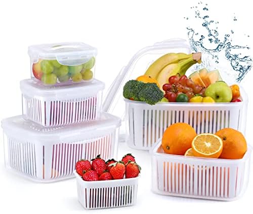 LUXEAR Fruit Vegetable Produce Storage Saver Containers with Lid & Colander 5 Packs BPA-Free Plastic Fresh Keeper Set | Refrigerator Fridge Organizer | for Salad Berry Lettuce Food Meat Fish Celery