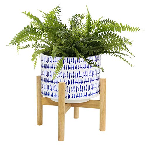 La Jolíe Muse Macetero de cerámica con Soporte de Madera - Macetero Decorativo Interior, Moderna Maceta Redonda de Flores, Azul y Blanco, 23.5cm(H) x 18.5cm(W)