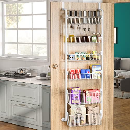 1Easylife Over the Door Pantry Organizer, 6-Tier Pantry Door Organization and Storage, Heavy-Duty Metal Hanging Kitchen Spice Rack Can Organizer(4x4.72+2x5.9 Width Baskets, Cream White)