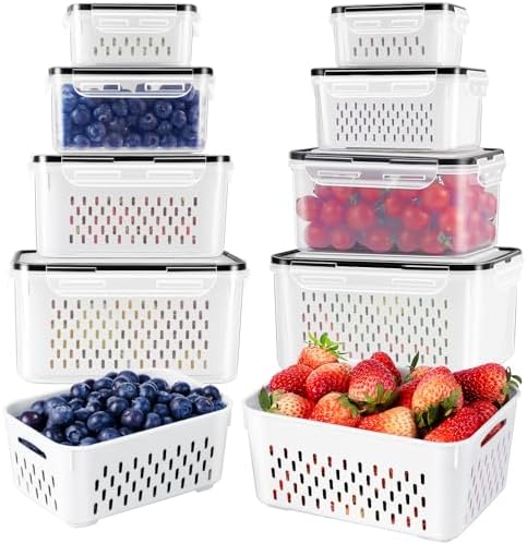 4 PCS Fruit Storage Containers for Fridge with Removable Colander, Airtight Food Storage Container, Dishwasher Safe Produce Saver Container for Refrigerator, Keep Berry Fruit Vegetable Fresh Longer