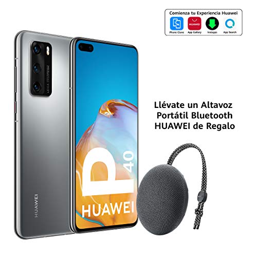 Huawei P40 5G - Smartphone de 6,1" OLED (8GB RAM + 128GB ROM, Triple Cámara Leica de 50MP (50+16+8MP) con visión nocturna, chip Kirin 990 5G, 3800 mAh, carga rápida, EMUI 10 HMS) Plata + altavoz CM51