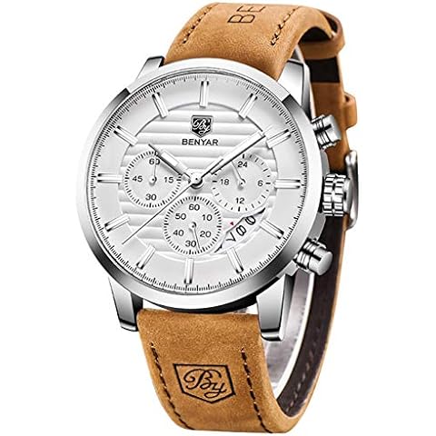 BENYAR Quartz Chronograph Waterproof Watches Business and Sport Design Leather Band Strap Wrist Watch for Men (Brown Silver White)