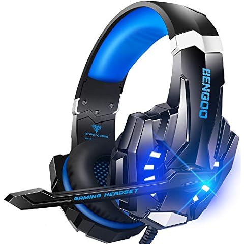 BENGOO G9000 Stereo Gaming Headset for PS4 PC Xbox One PS5 Controller, Noise Cancelling Over Ear Headphones with Mic, LED Light, Bass Surround, Soft Memory Earmuffs (Blue)