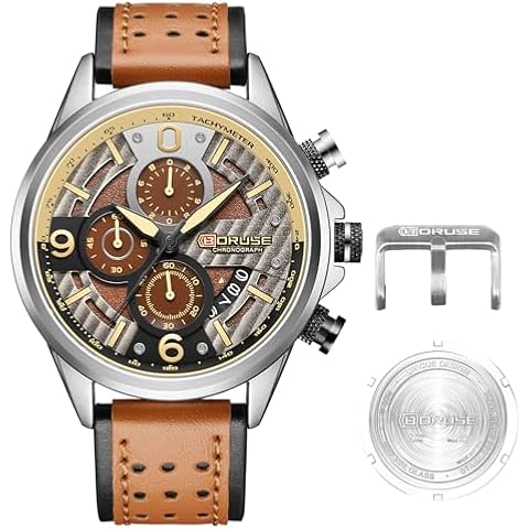 BORUSE Leather Watches for Men Brown Dress Chronograph Quartz Watch Fashion Luxury Waterproof Luminous Calendar Mens Analog Wristwatch