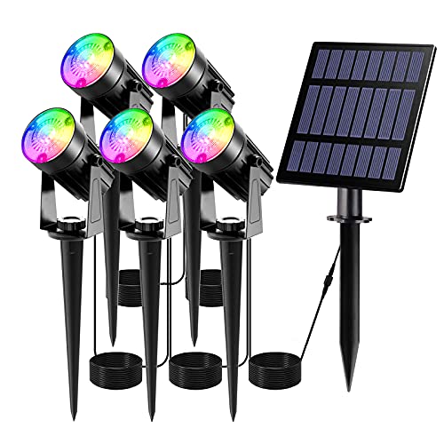 Luces Solares Jardín T-SUN 5 en 1 LED Foco con Panel Solar RGB 7 Cambio de Color 2 Nivels Brillo Ajustables Impermeable IP66 270º Gran Angular de Luz Iluminación Exterior para Camino Césped Entrada.