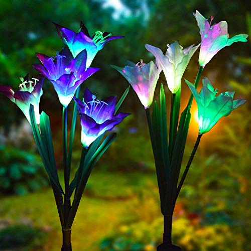 Swonuk Lámpara Solar para Jardín al Aire Libre, 2PCS 8 Flor del Lirios Lámpara, Multicolor Luces Decorativas para Jardín, Patio, Camino, Navideña, Fiesta de Cumpleaños de Boda (Blanco y Morado)