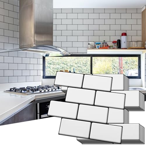 Art3d Peel and Stick Backsplash, 10-Pack Thickened Stick on Subway Tiles, Faux Ceramic Tiles for Kitchen, Bathroom, White