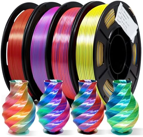 YOUSU 3D Printer Filament Triple Color Silk PLA Filament 1.75mm, 3D Printing Filament Bundle,Multicolor Filament Like Rainbow PLA, 250g X 4 Pack.