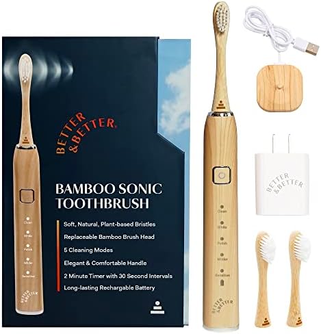 Better & Better Sonic Bamboo Electric Toothbrush for Adults | Rechargeable Electric Bamboo Toothbrush w/Plant-Based Bristles | Soft Bamboo Brush Heads incl. | 5 Cleaning Modes & Long-Lasting Battery